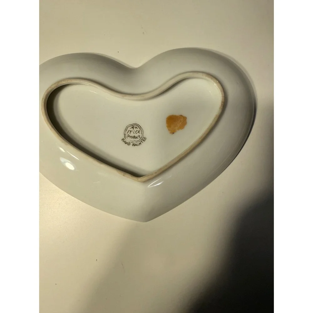 Vintage Irice Hand Painted Heart Trinket Dish Pink Roses Gold Trim Porcelain